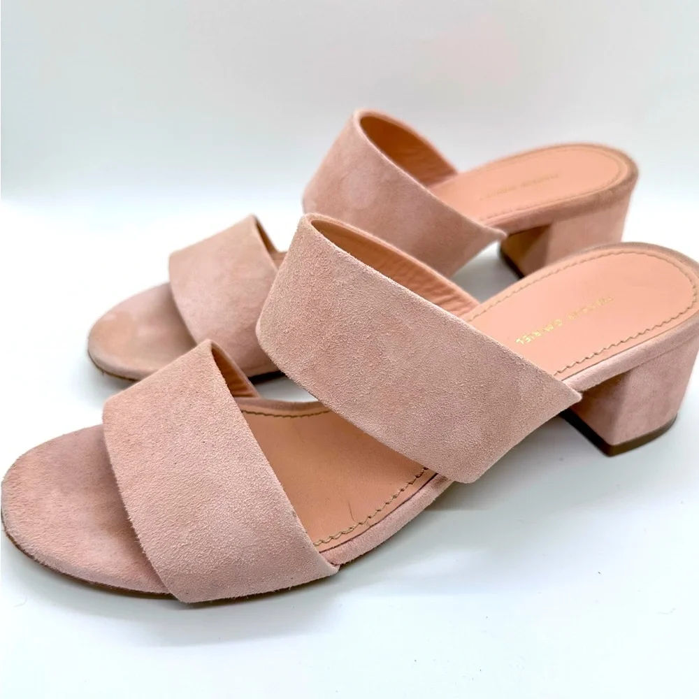 Mansur Gavriel Apricot Suede Double Strap Block Heel Slides - Picture 2 of 8